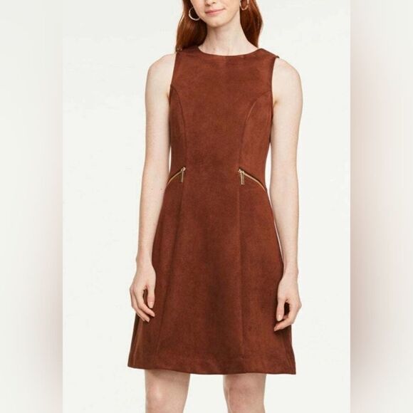Ann Taylor Faux Suede Brown Sleeveless Dress Gold Zipper Pockets Size 14P - Picture 1 of 10